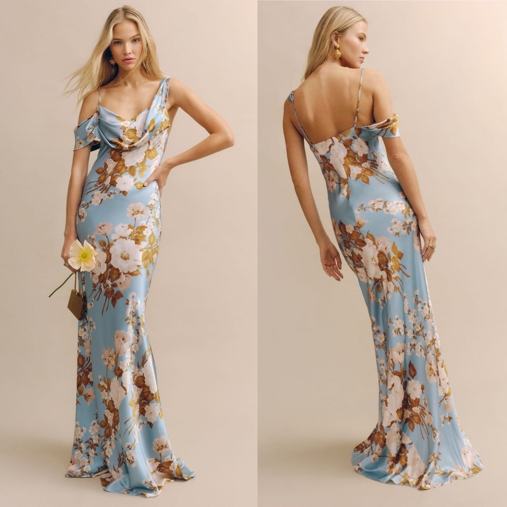 Reformation Ronda Asymmetrical Cowl Neck Silk Maxi Dress Serene Blue Floral